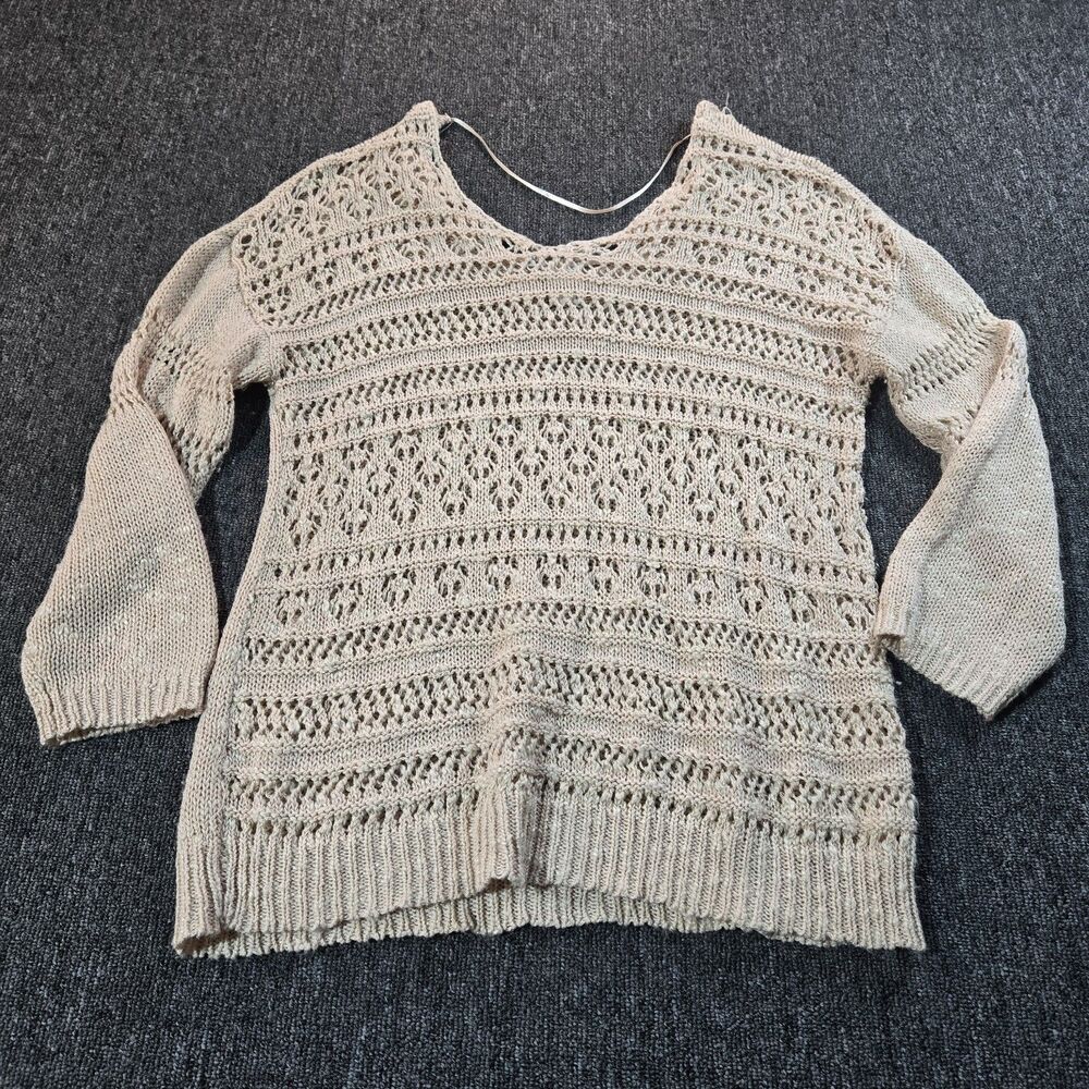 American Rag Cie Women’s M Chunky Knit Beige Sweater Fringe 3/4 Sleeve Boho